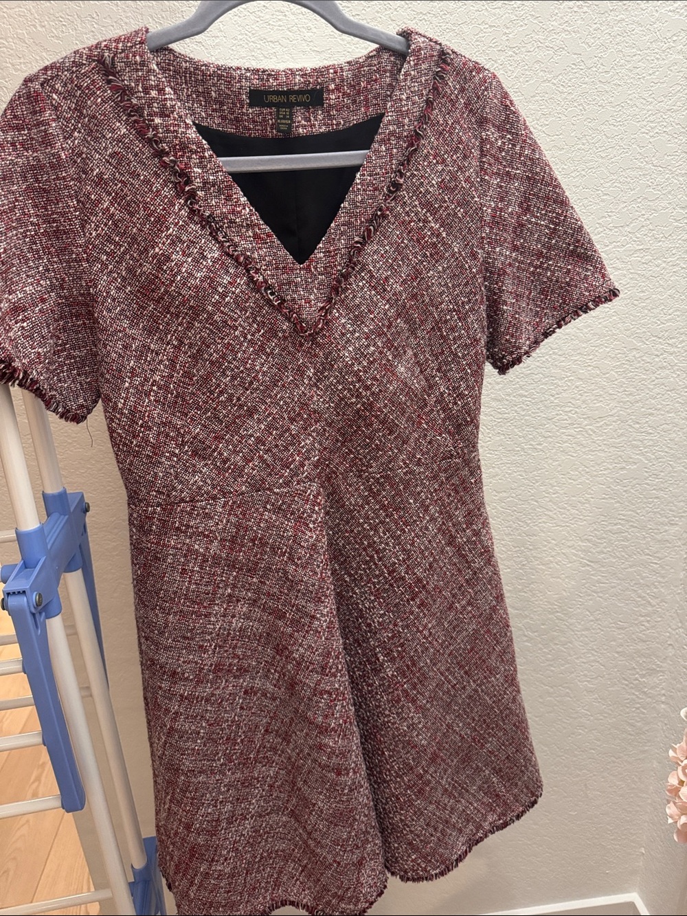 Urban Revivo Burgundy Tweed V-Neck A-Line Dress